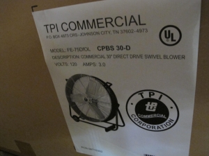 TPI COMMERCIAL FAN BLOWER, 30" MODEL # FE-75DFOL --OR-- CPBS-30-D. LOADING & HANDLING FEE $15-4048